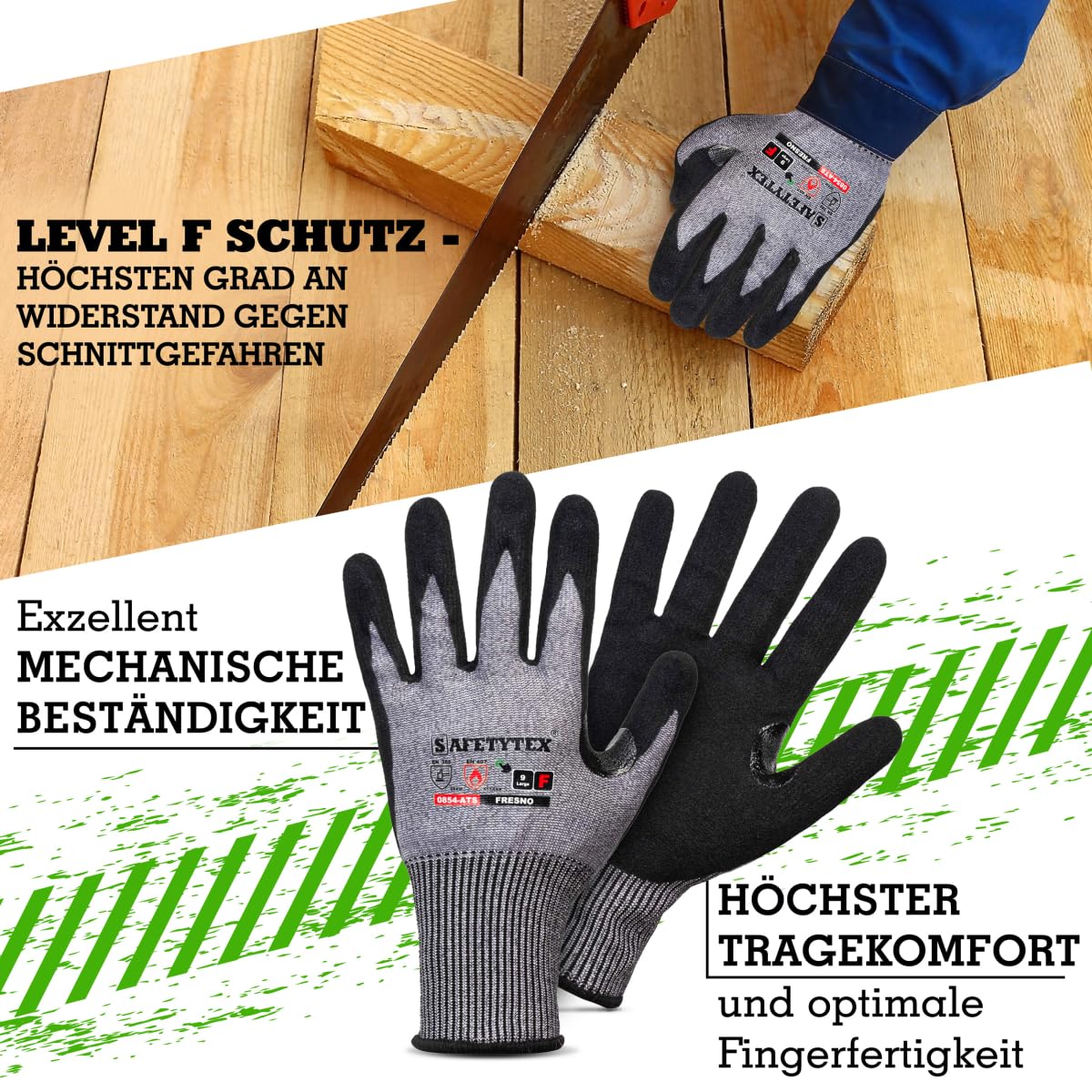 Safetytex Schnittschutzhandschuhe - Schnittfeste Handschuhe Level F - Maximale Sicherheit für Arbeiten mit scharfen Gegenständen - Touchscreen-fähig - Nitrilschaum (Gr.9, 1 Paar)
