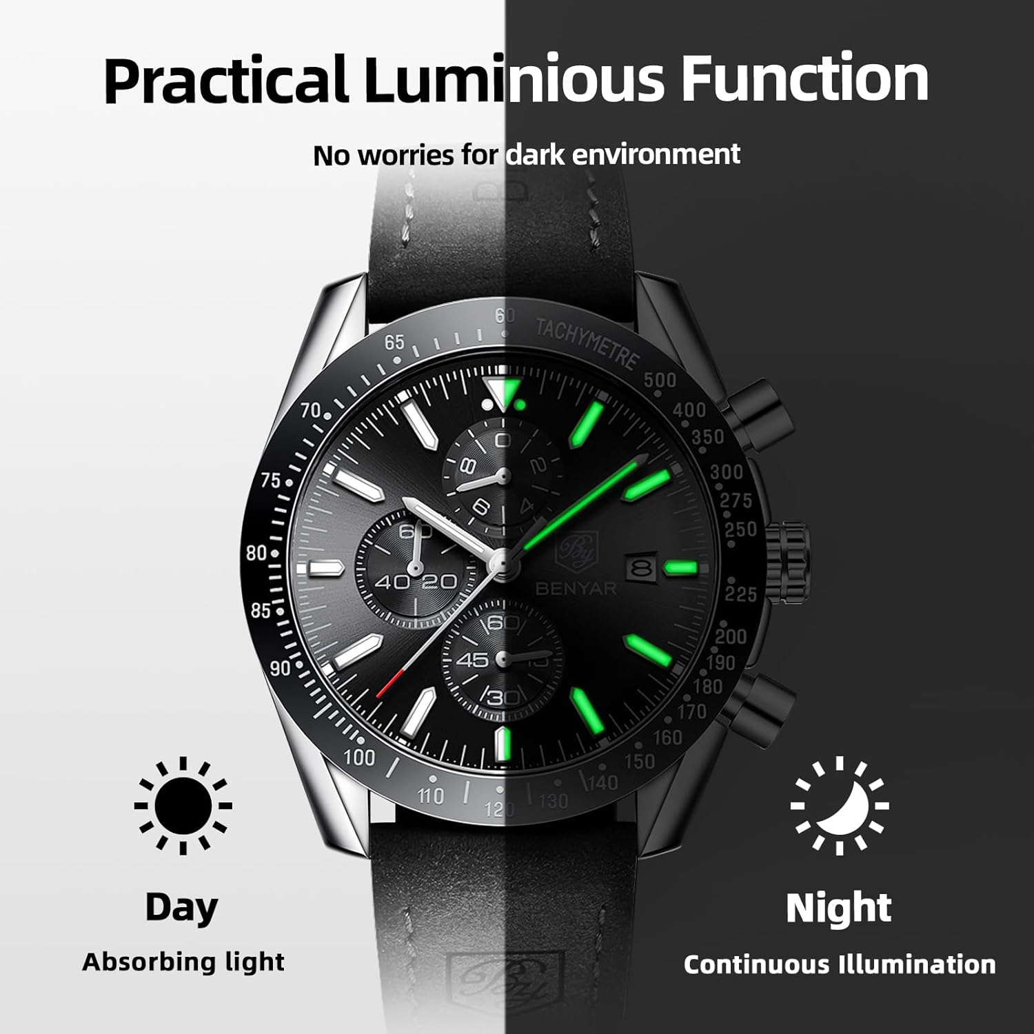 BY BENYAR Watch for Men Analog Quartz Chronograph Waterproof Luminous Designer Mens Wrist Watches Business Work Sport Casual Dress Watch with Silicone Strap Elegant Gifts for Men - Image 7