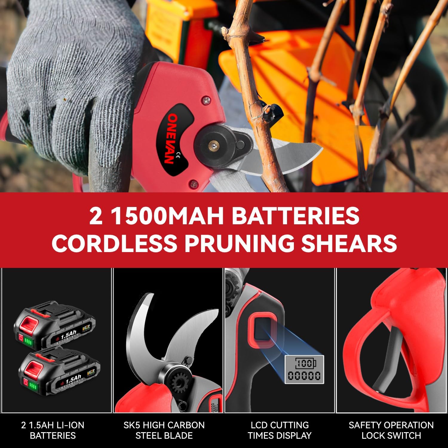ONEVAN elagueuse sur perche, 4 en 1 coupe branche telescopique avec 2 batteries 4 Ah, mini tronçonneuse sans fil 15 cm + secateur electrique 25 mm (Rouge, Avec 2 batteries)