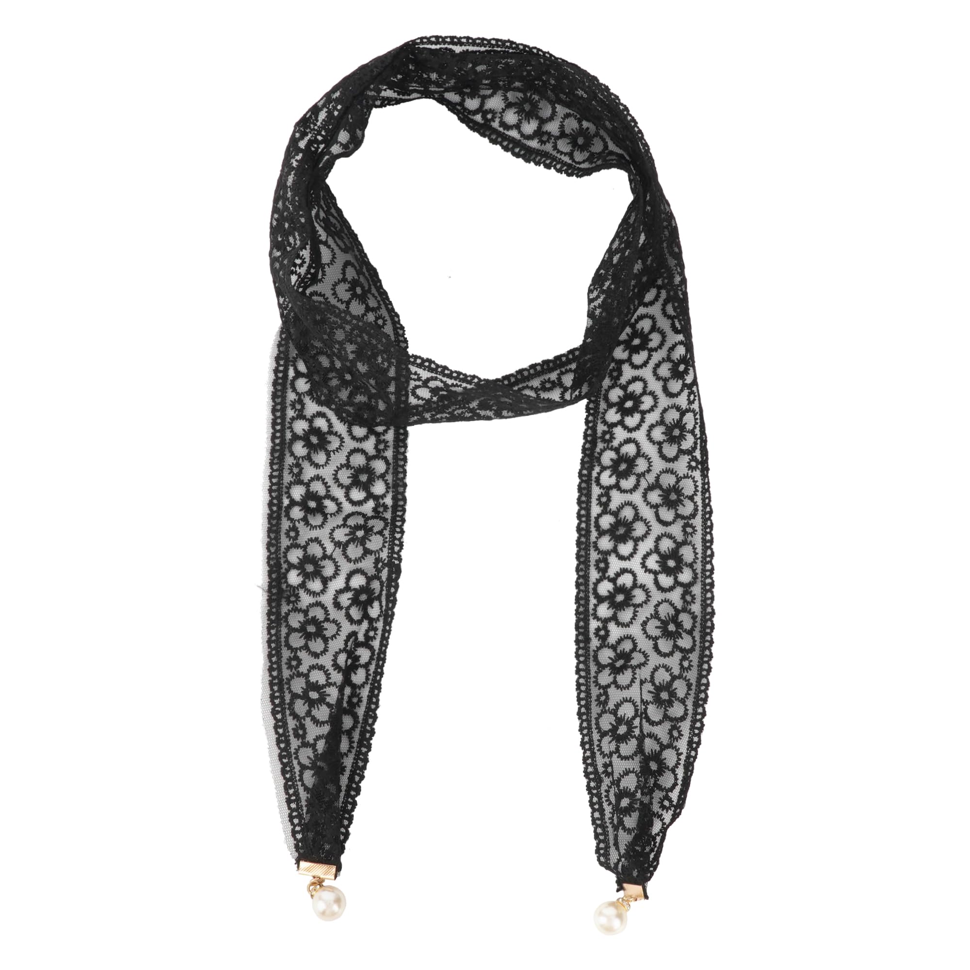 Meyaus Women Long Narrow Floral Lace Ribbon Neck Scarf Choker Head Hair Band Belt with False Pearl Pendant