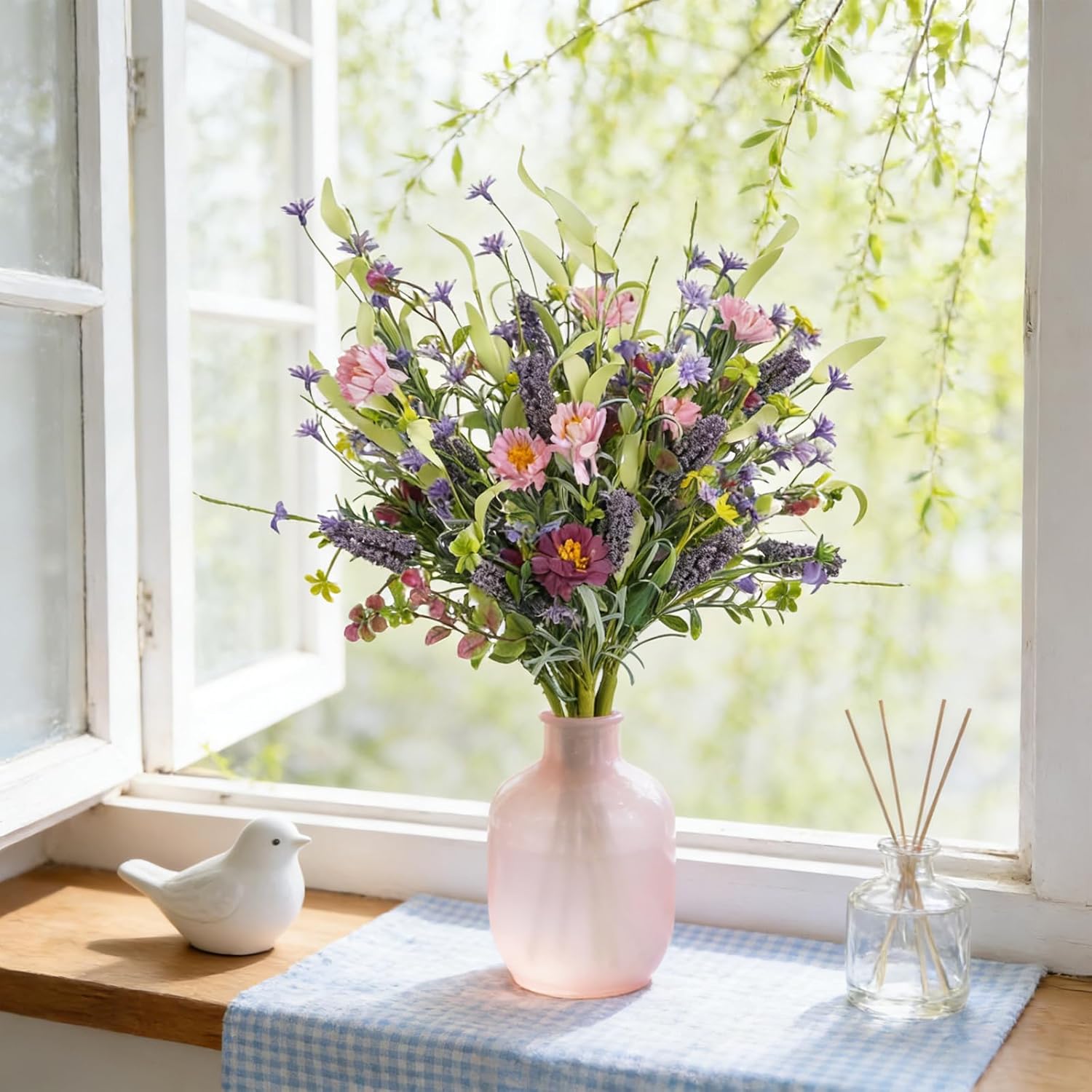idyllic 18 Inch 6 Pcs Spring Pink Chrysanthemum Lavender Sprigs, Floral Picks for Vase Bedside Table Windowsill Centerpiece Mantel DIY Wreath Home Decor