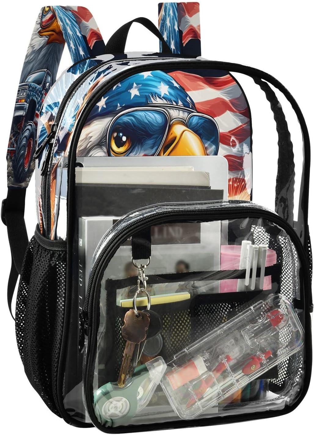 American Flag Bird Truck Clear Backpack Heavy Duty See Through Transparent PVC BookBag for Kids Boy Girl School Work