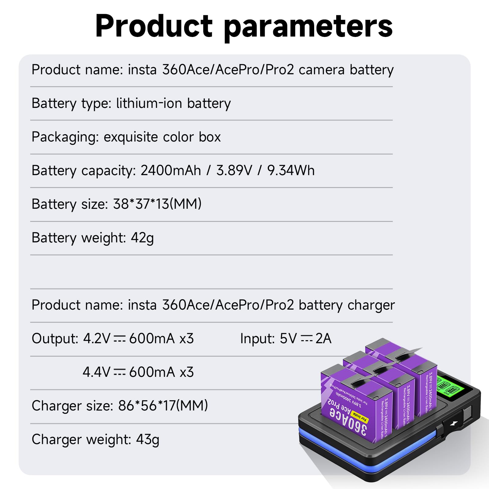 CITYORK Caricatore a 3 slot e 3 batterie da 2400 mAh, compatibile con Insta360 Ace e Pro, batteria di ricambio per Insta360 Pro, con display LCD e cavo USB
