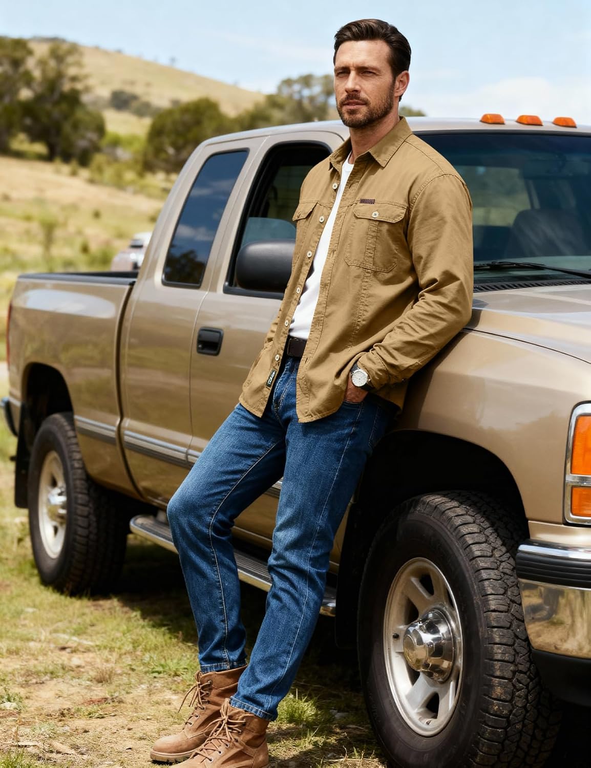 Eisctnd Men's Long Sleeve Work Shirt, Utility Cotton Button Down Cargo Shirts with Pockets for Casual Outdoor Safari - Image 2