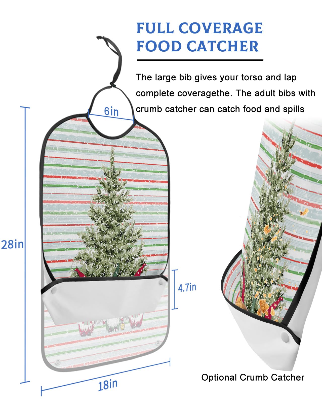 Adult Bibs for Elderly Women - Christmas Tree Gnomes Waterproof Dining Clothing Protectors with Crumb Catcher for Eating/Feeding, Green Red Striped Winter Snowflake Terry Cloth Bib Machine Washable