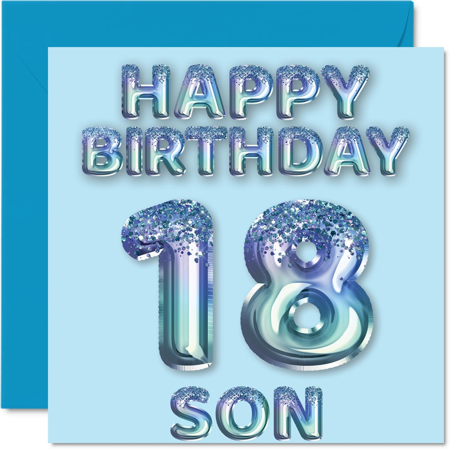 18th Birthday Card for Son, Blue Glitter Party Balloons