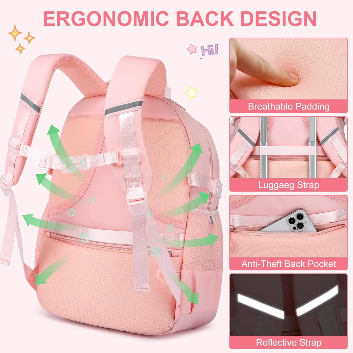 Kids Backpack for Girls, Cute School Backpack with Lunch Bag & Pen Case, Bookbag Set for Girls Children Teens for Elementary Middle High School Student Ages 3-15, Pink - Image 5