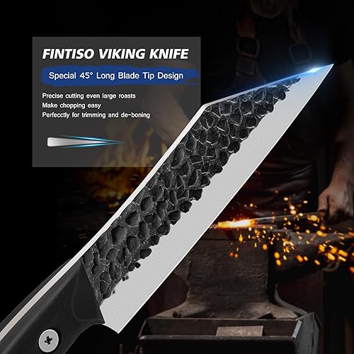 Miniatura 2 de FINTISO Cuchillo de chef de 7 pulgadas, cuchillo de cocina de estilo japonés para cortar carne, cuchillo vikingo afilado con mango G10 de espiga