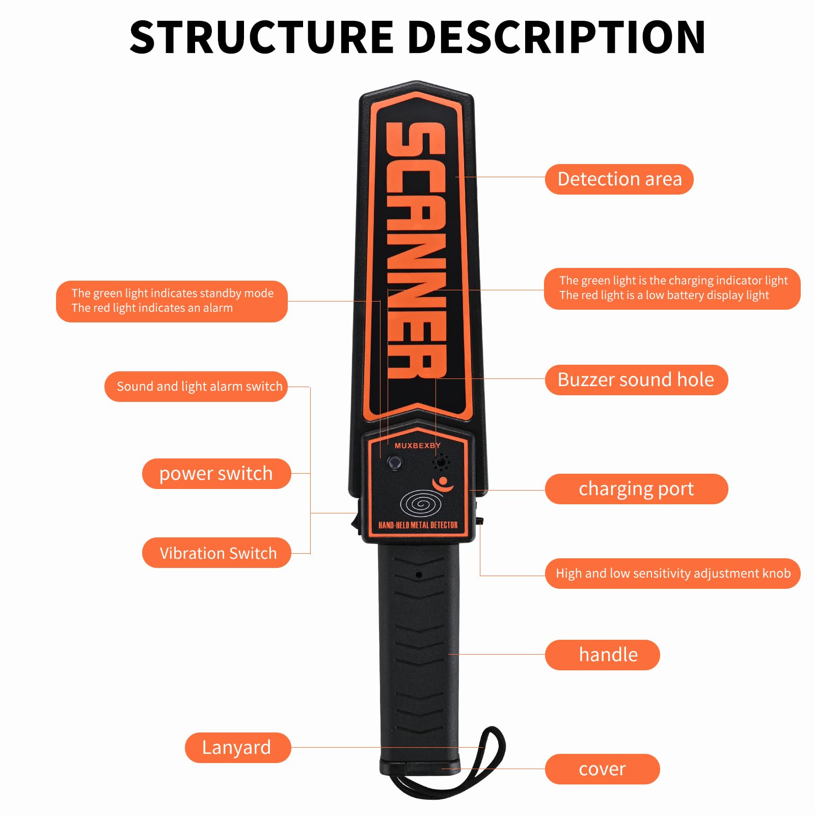Escáner de metales de seguridad profesional, varita detector de metales de mano para adultos, escaneo de sensibilidad ajustable, con batería de 9 V, comprobación de metales portátil de alta seguridad