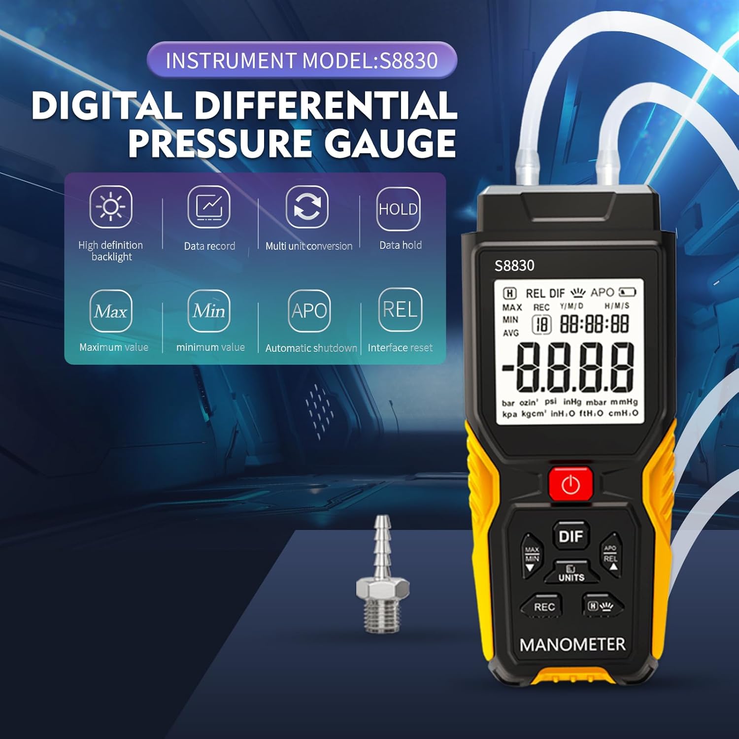 Dual-Port Manometer with Storage Box,36.8kPa/147.7inH2O Air Pressure Meter,HVAC Digital Manometer Gas Pressure Tester,11 Selectable Units,Positive/Negative Pressure/Differential Pressure Gauge