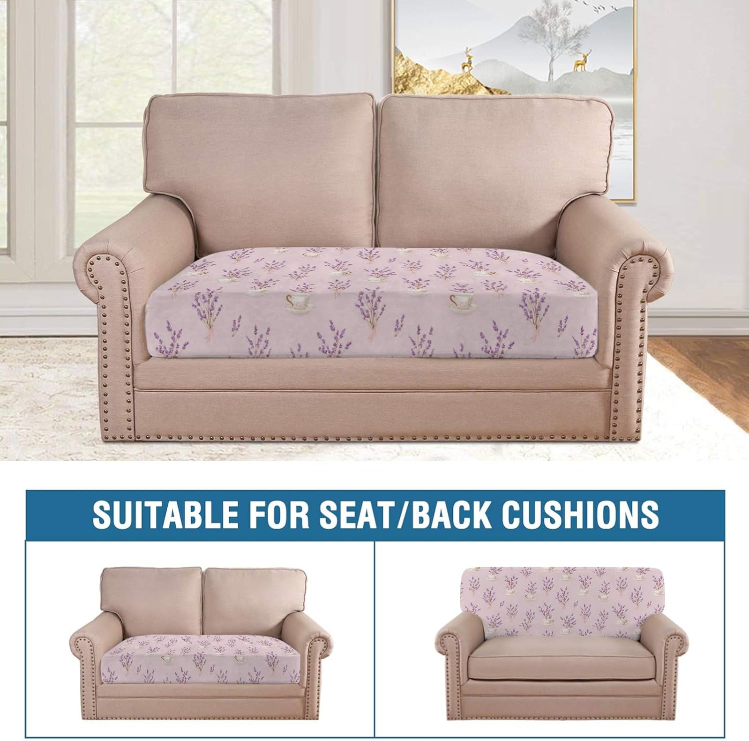 Lavender and Teacup Loveseat Covers Couch Covers for 2 Cushion Couch, 2-Piece Stretch Sofa Slipcovers Anti-Slip Washable Furniture Protectors for Dogs Pets