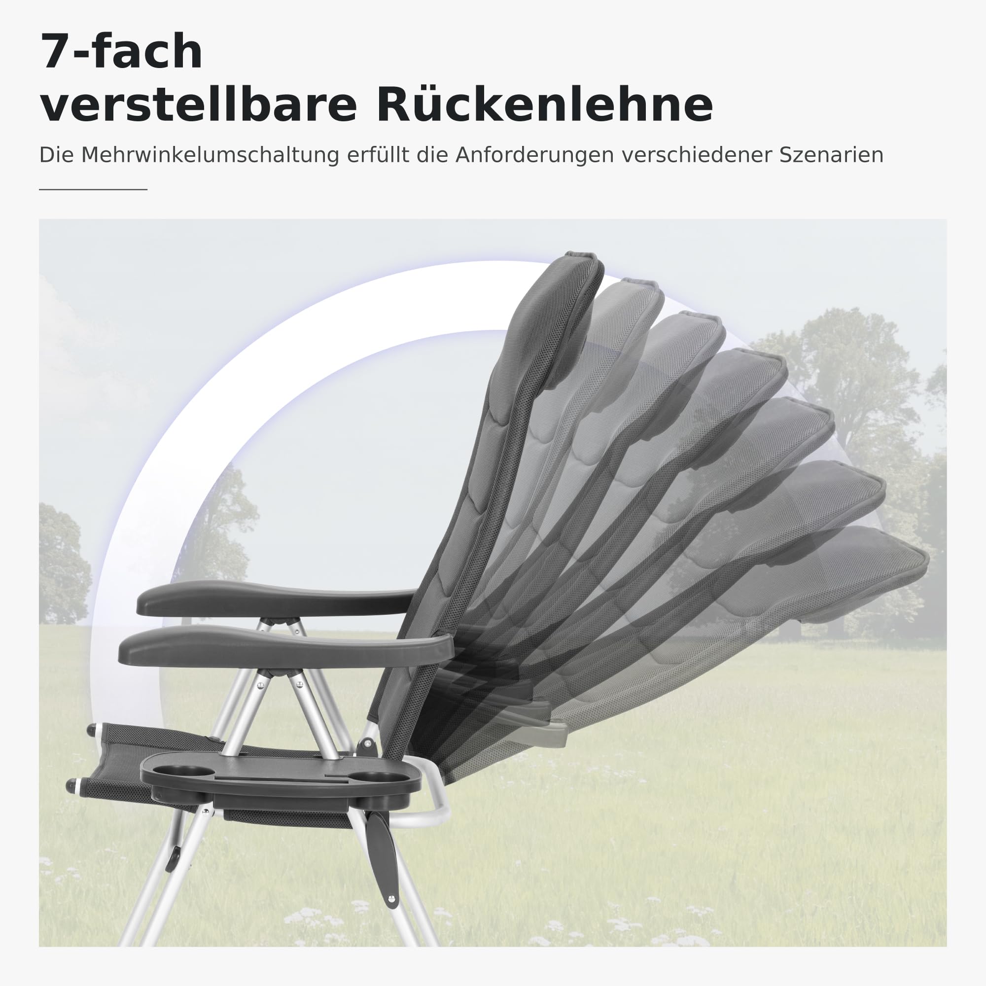 LET'S CAMP Luxus Gartenstühle Hochlehner 2er Set, Aluminium Hochlehner Gartenstuhl Klappbar Klappstuhl Balkonstuhl Campingstuhl 7-Fach Verstellbar Alu mit hoher Rückenlehne, Belastbar 120 KG Grau