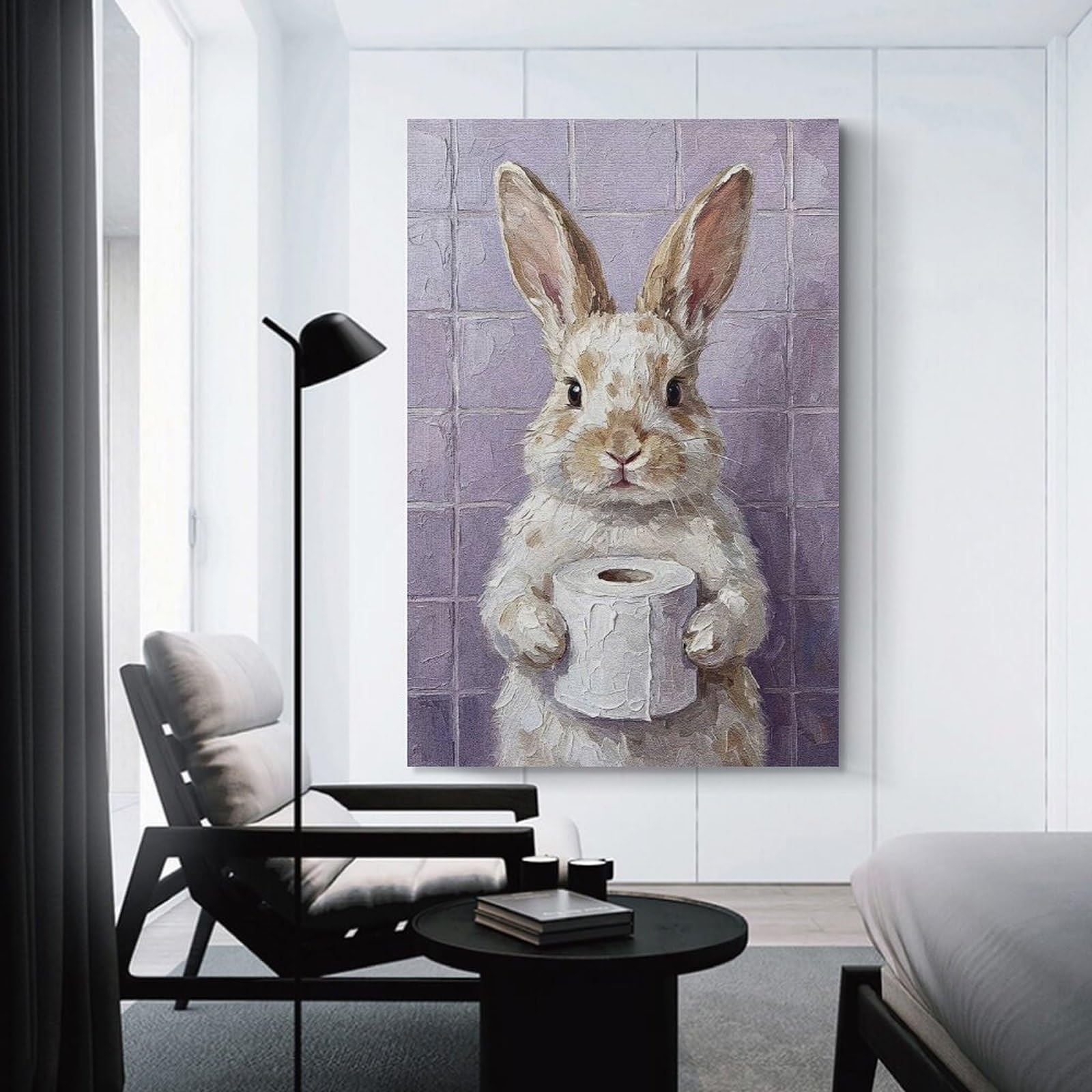 Junmoney Unframe-Style-12 Bunny With Toilet Paper Painting Home Decor Wall Art, 16X24inch(40X60cm), For Bedroom Walls, Guest Spaces Or Lounges, A Warm Accent For Relaxed Interiors