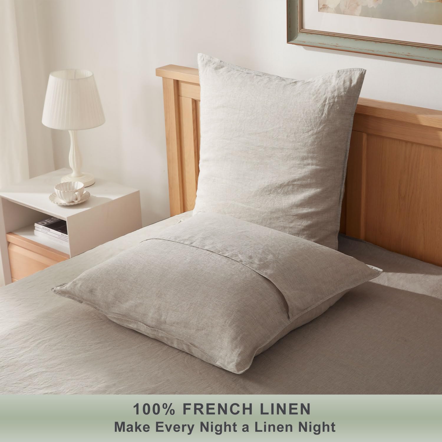 TOSMO 100% Linen Pillow Shams, Set of 2, Stone Washed Pillow Covers, Soft and Durable Square Throw Pillow Case, Euro Size 26" X 26", Natural Linen - Image 2