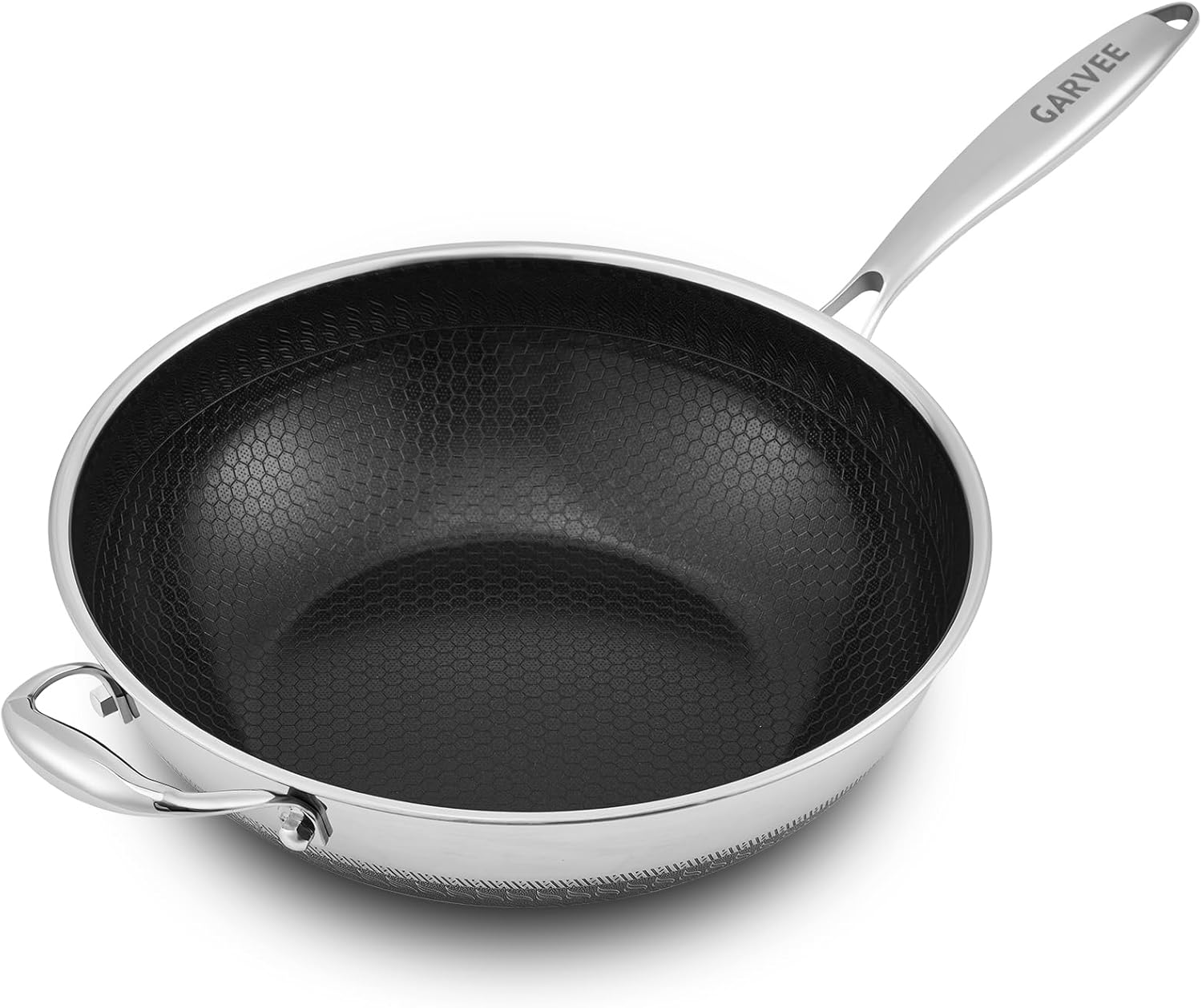 GarveeLife 13 inch Wok pan,PFOA Free Cookware,Non Stick Stainless Steel Woks & Stir-fry pans Nonstick, Dishwasher and Oven Safe, Works on Induction