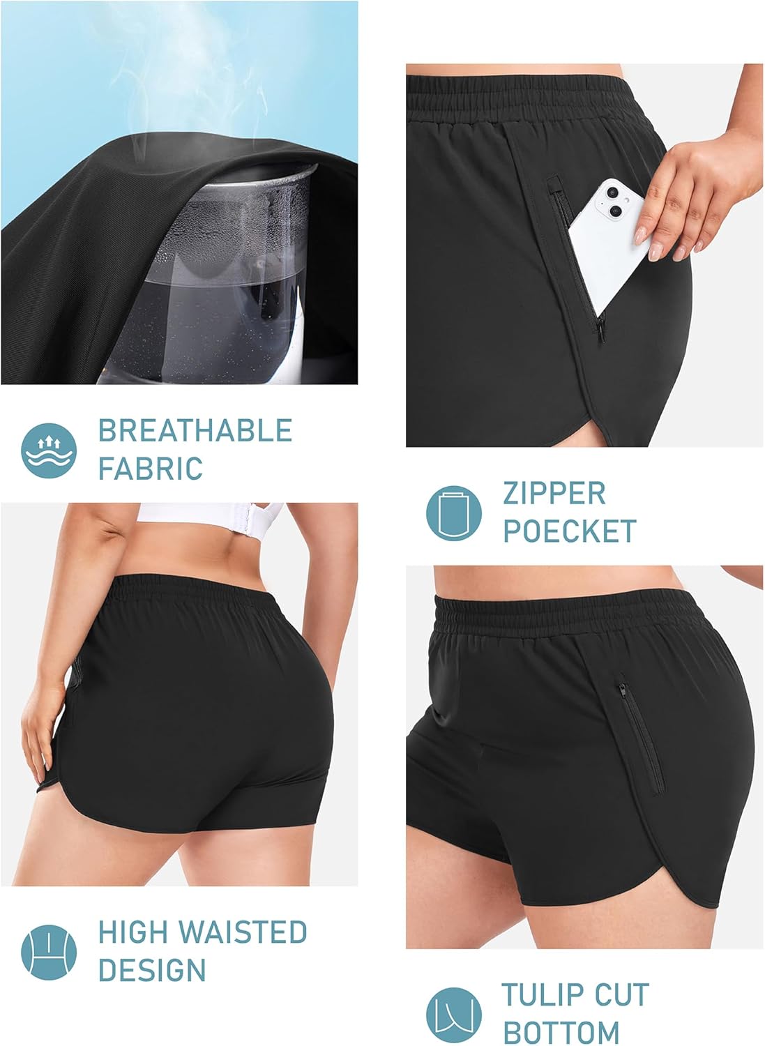 COOTRY Women's Athletic Shorts Plus Size High Waisted Quick Dry Gym Running Workout Clothes with Zip Pockets 3 Inch - Image 5