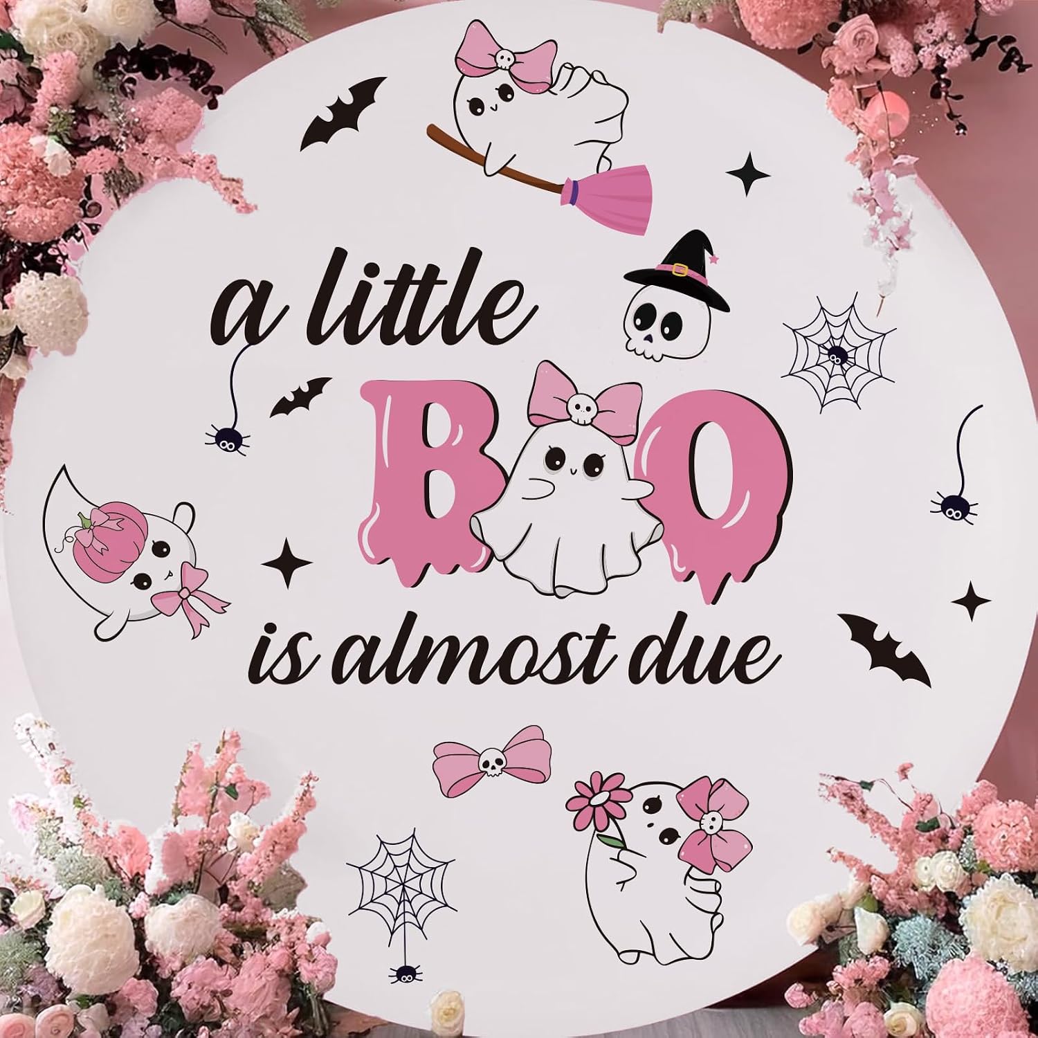A Little Boo is Almost Due Backdrop Decal - Pink Cute Ghost Baby Shower Sticker for Balloon Arch, Spooky Boo Spider Web Stickers for Halloween Gender Reveal Party Decor