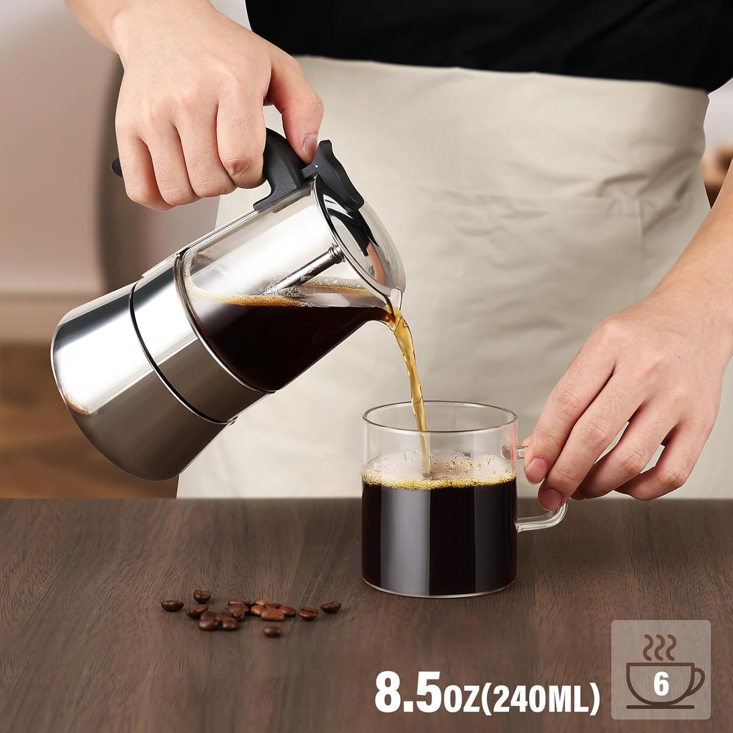 Moka Pot-Portable Stovetop Espresso Maker, Borosilicate Glass & Stainless Steel Percolator Coffee Maker 6 Cups (240ml/8.5oz)