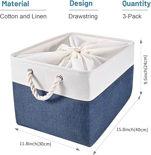 Miniatura 2 de HOdo Home 3 contenedores de almacenamiento, contenedores de tela con cierre de cordón y 2 asas resistentes, canastas de lona grandes plegables para