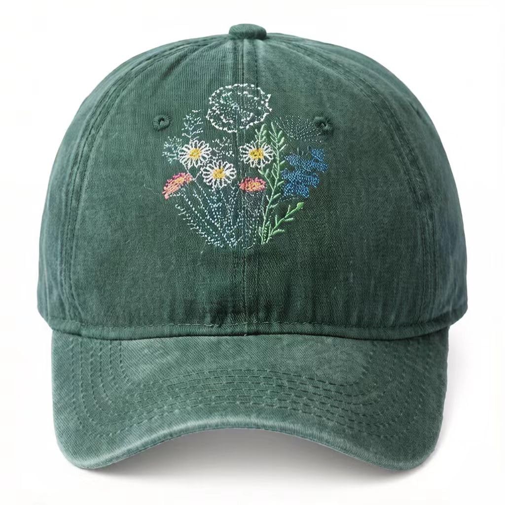 GNAHZNUXNAIX Green Dad Hat Men Women Embroidered Baseball Cap Low Profile Father's Day Snapback Hat Vintage Adjustable Washed Unisex, Colorful Flower,Green, One Size