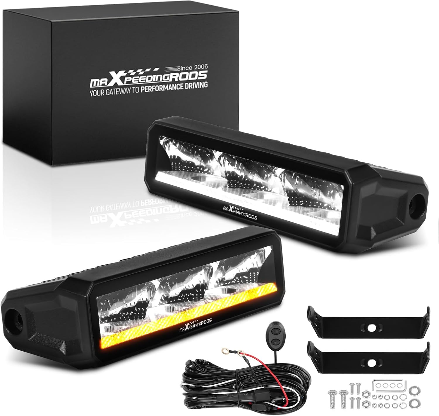 maXpeedingrods 2X 6.7 Inch 60W LED Light Bar, 6000LM Off Road Lights with Amber/White DRL, Spot Fog Lights with Wiring Harness, IP67 Waterproof Pod Lights for Jeep Truck Pickup SUV ATV UTV Motorcycle