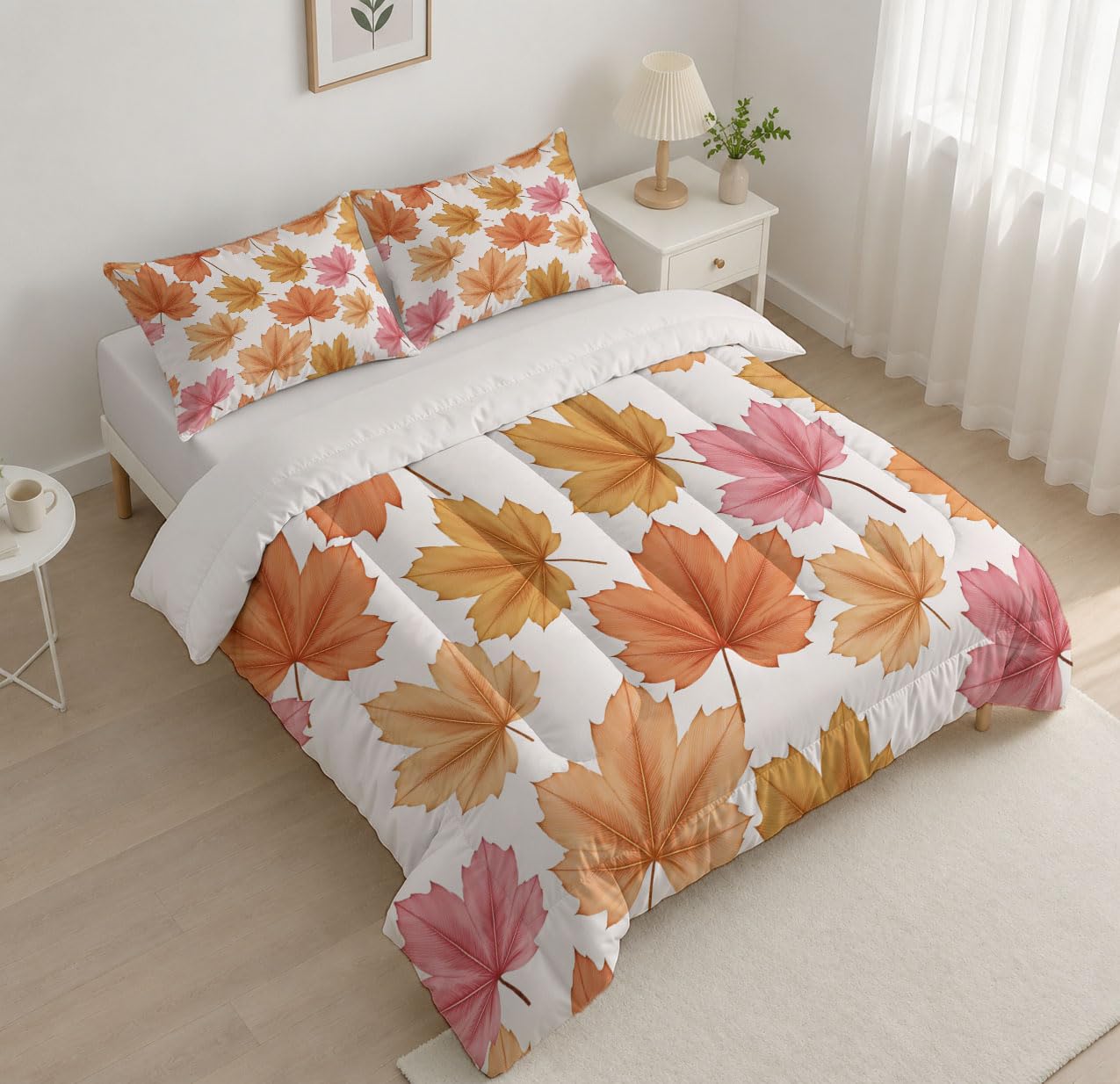 Piumino senza Fodera Matrimoniale Singolo Piante Ad Acquerello | Piumino Reversibile Foglie D'Acero Autunnali, Coperta 4 Stagioni, Trapuntino Letto per Camera da Letto (140x200cm )