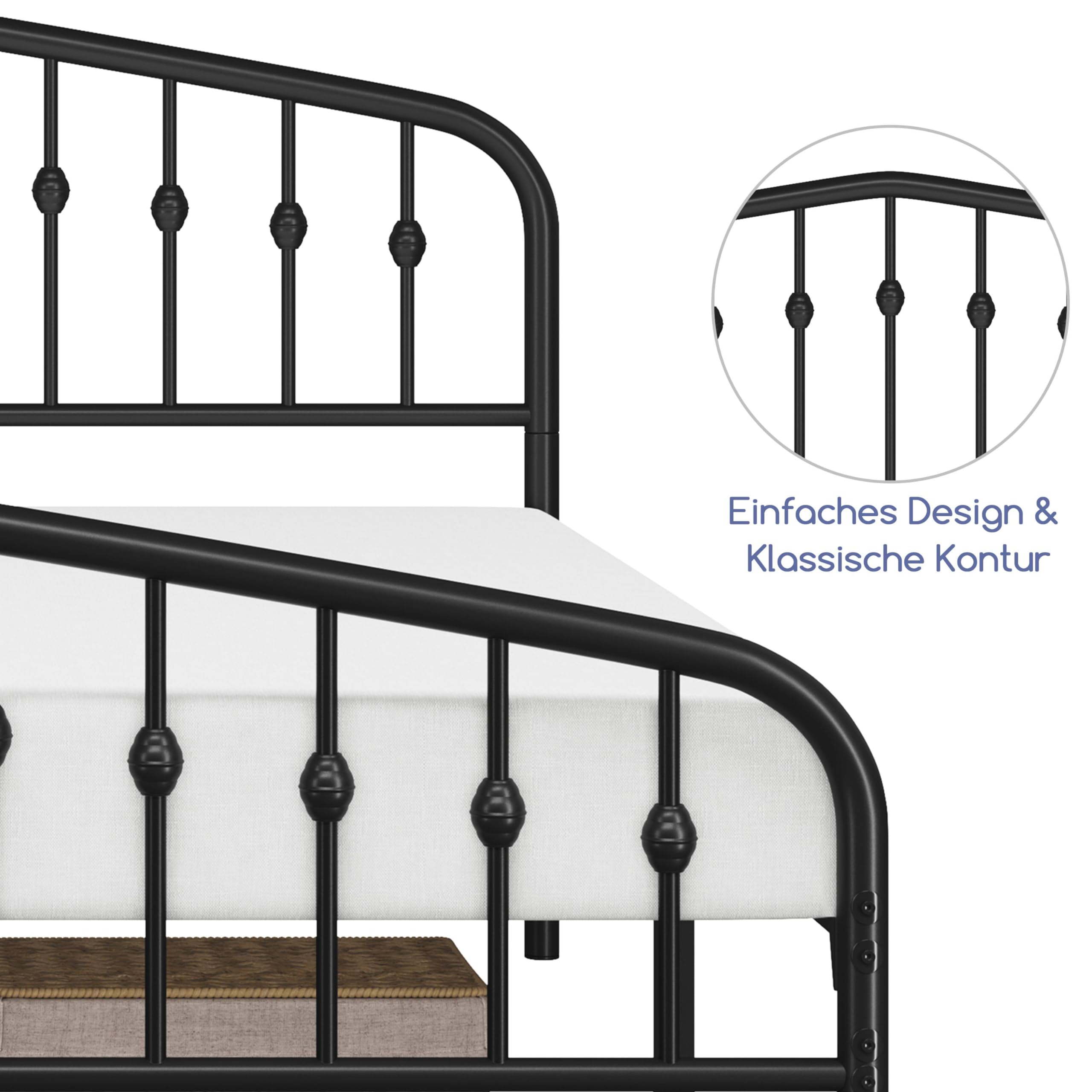 Yaheetech Bettrahmen 160 x 200 cm, Vintage Metallbett mit kronenförmigem Kopfteil, Stabiles Bettgestell Doppelbett aus Metall, Robust & Leichte Montage Gästebett Jugendbett Tagesbett, Schwarz
