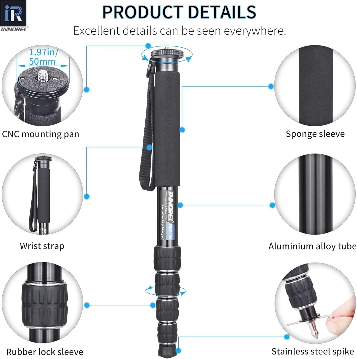 INNOREL RM325A Camera Monopod Professional Portable 5-Section Compact Travel Aluminum Alloy Monopod for Canon Nikon Sony DSLR Camera Video Camcorder DV Photography Bracket Load 26lbs/12kg
