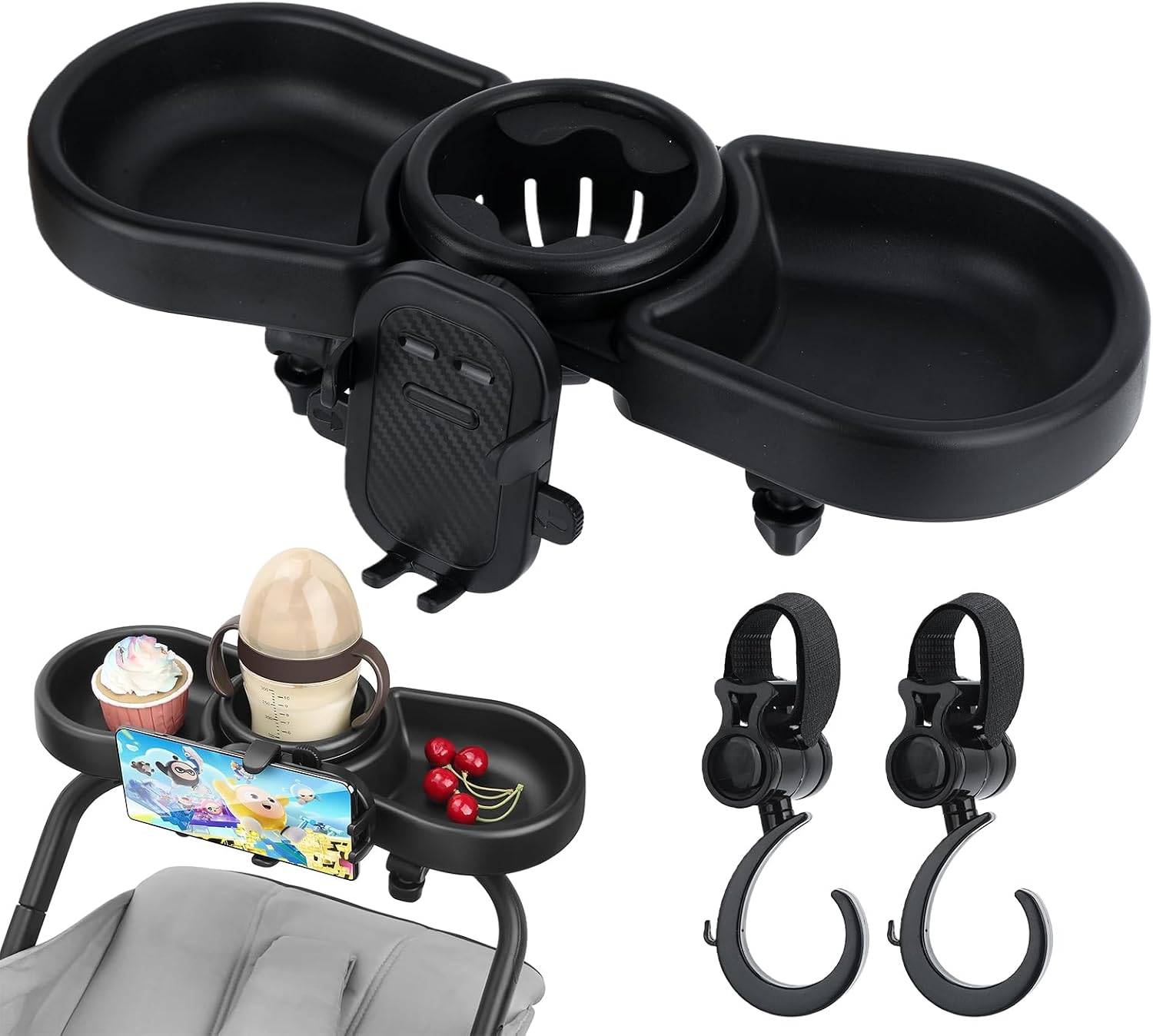 Stroller Snack Tray, Universal Snack Tray for Stroller Adjustable with Cup Holder Phone Holder and Non-Slip Clip, Travel Accessories Suitable for Strollers with Round Armrests
