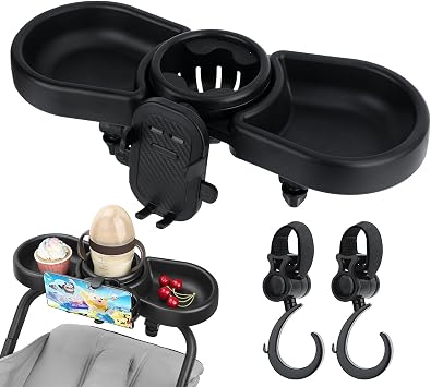 Stroller Snack Tray, Universal Snack Tray for Stroller Adjustable with Cup Holder Phone Holder and Non-Slip Clip, Travel Accessories Suitable for Strollers with Round Armrests