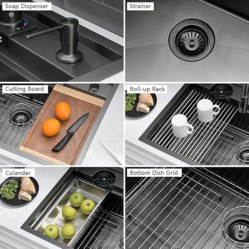 Miniatura 79 de Fregadero de cocina negro de 33 pulgadas con grifo - Fregadero de cocina negro de 33 x 22 pulgadas, fregadero de cocina y grifo de 10 pulgadas