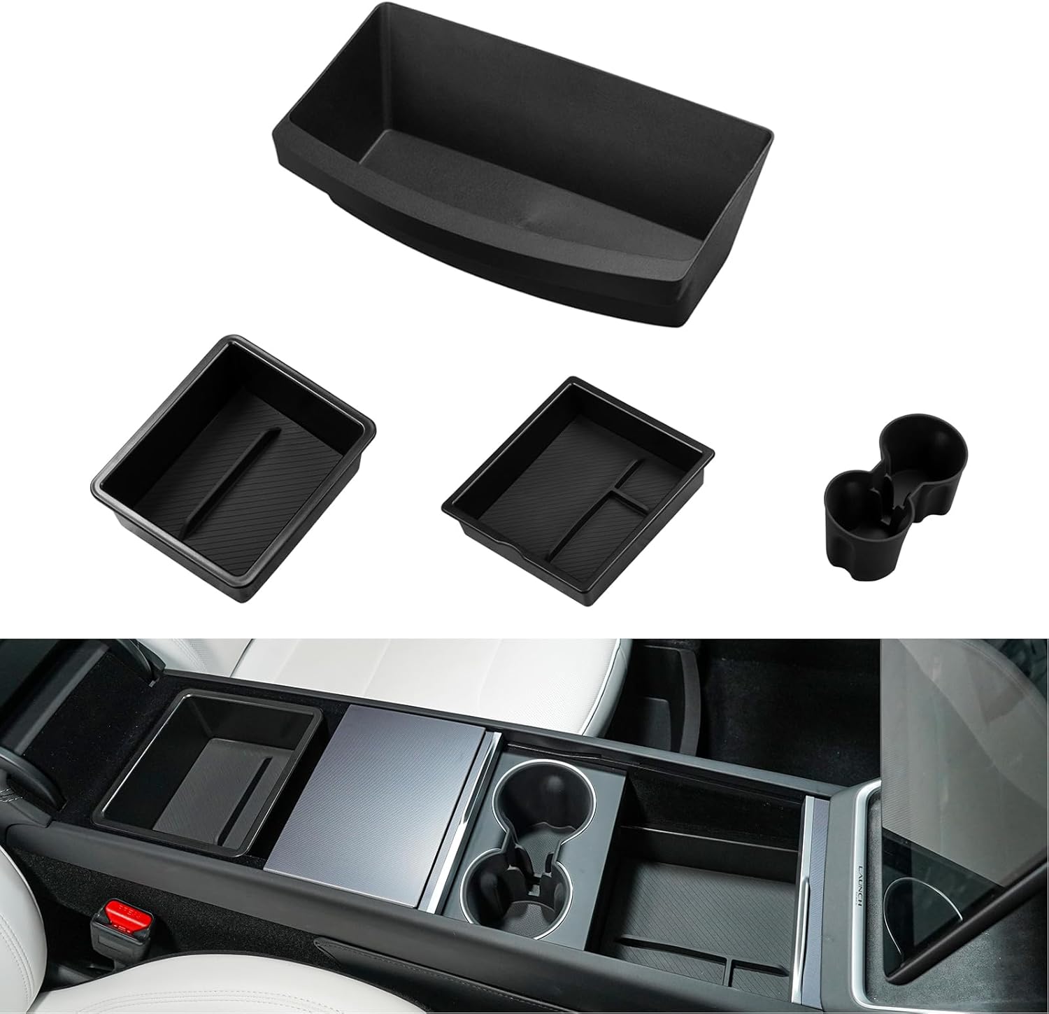 Motrobe 2025 2026 Tesla Model Y Juniper Center Console Organizer Tray Armrest Storage Box with Removable Pad Cup Holder Insert Under Seat Storage Box New Model Y Juniper Accessories 4PCS