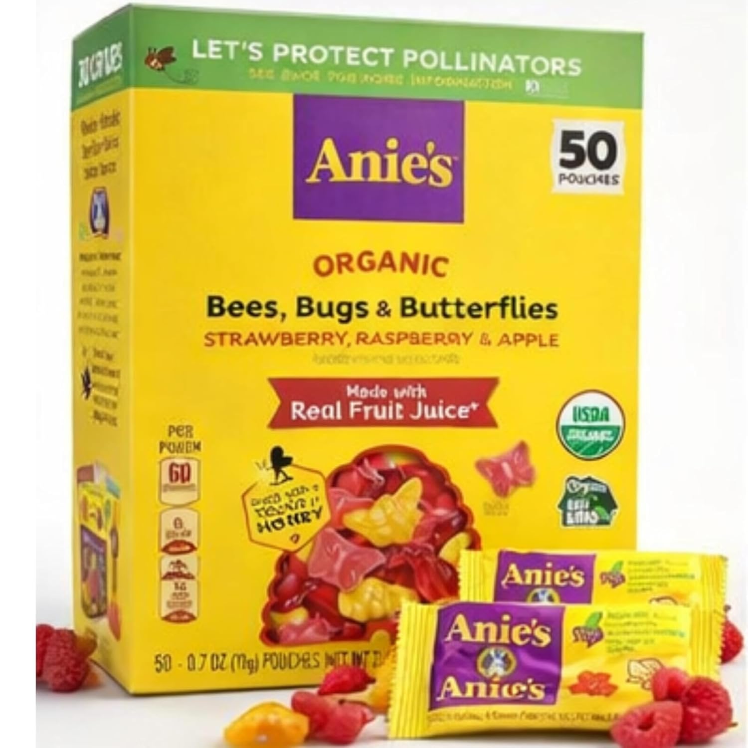 Annies Organic Bees, Bugs & Butterflies Fruit Flavored Snacks, Variety Pack, Gluten Free, Made with Real Fruit Juice, No Artificial Flavors, Kids Lunch Snack, 0.7 oz Pouches (50 Pack)