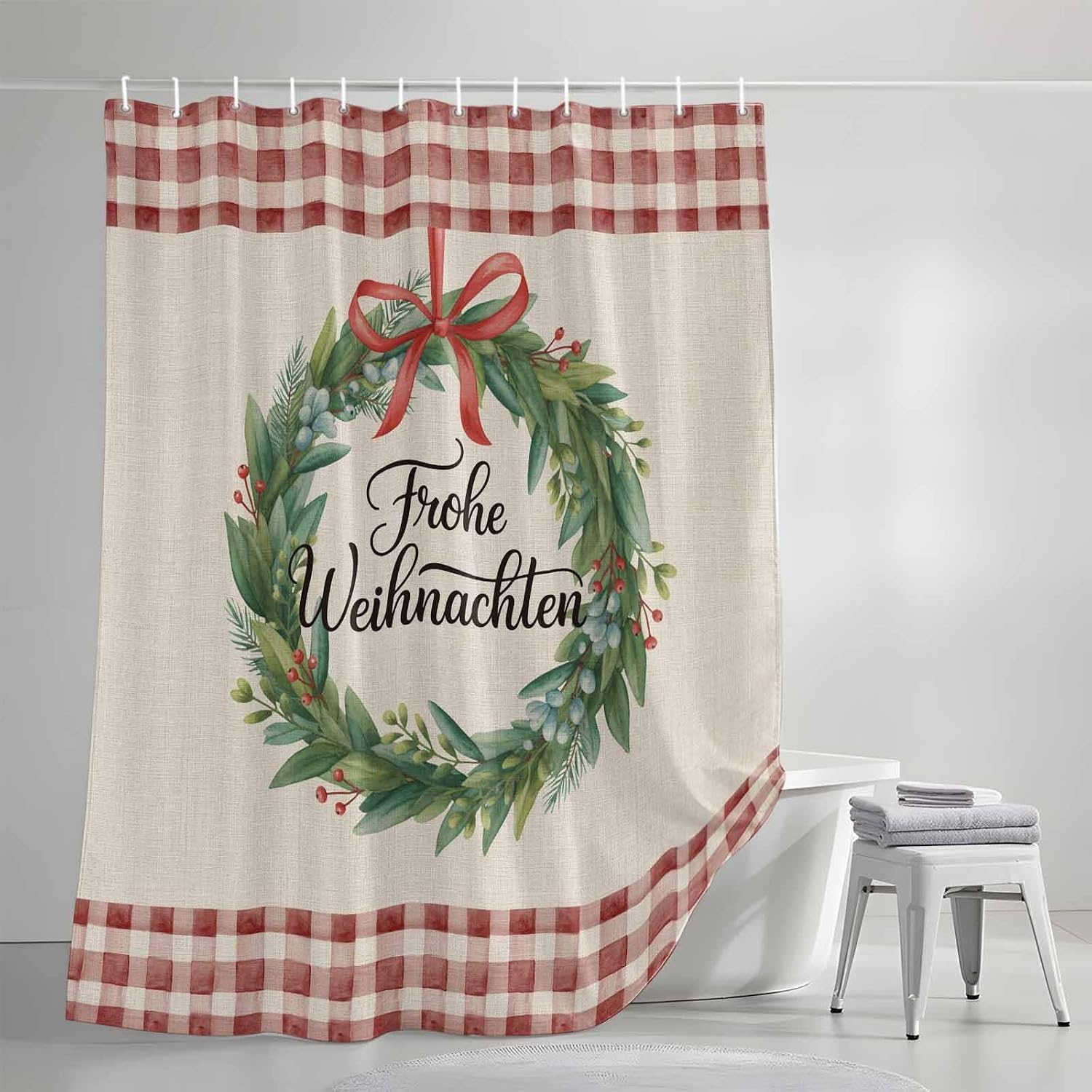 Merry Christmas Waterproof Shower Curtains Set - Long Shower Curtain 72 x 78 Inch, Xmas Wreaths Burlap Red Plaid Rustic Fabric Bathroom Curtain with 12 Hooks, Bathroom Accessories