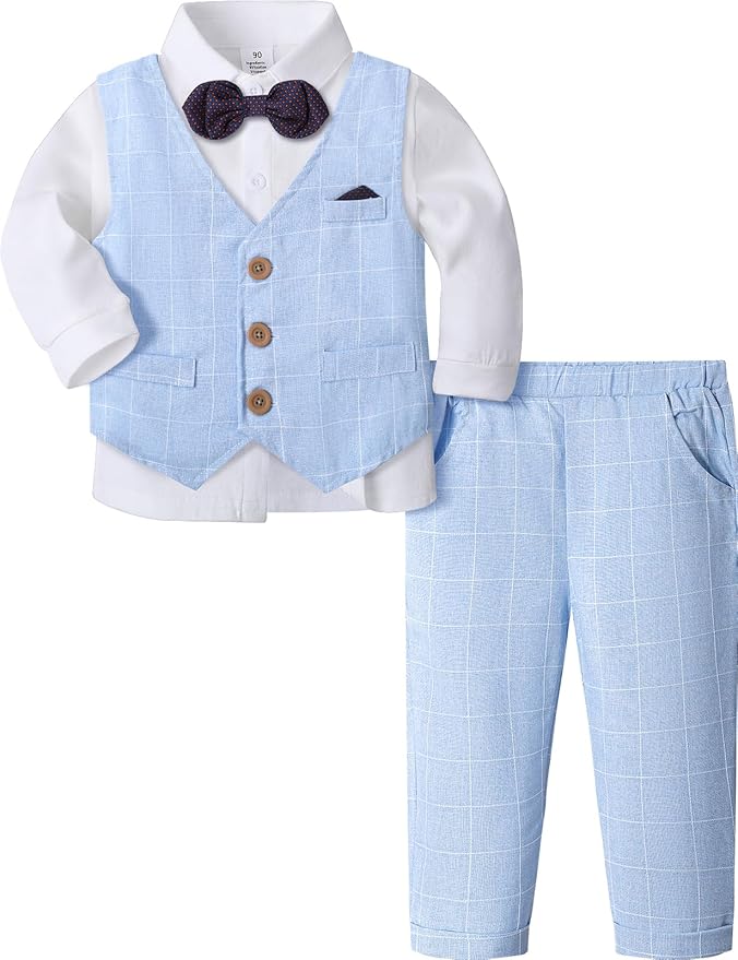mintgreen Baby Jongens Kleding Set, Peuter Doop Kleding Heer Kledingset Lange Mouwen Shirt, Grijs Plaid, 18-24 maanden, 90
