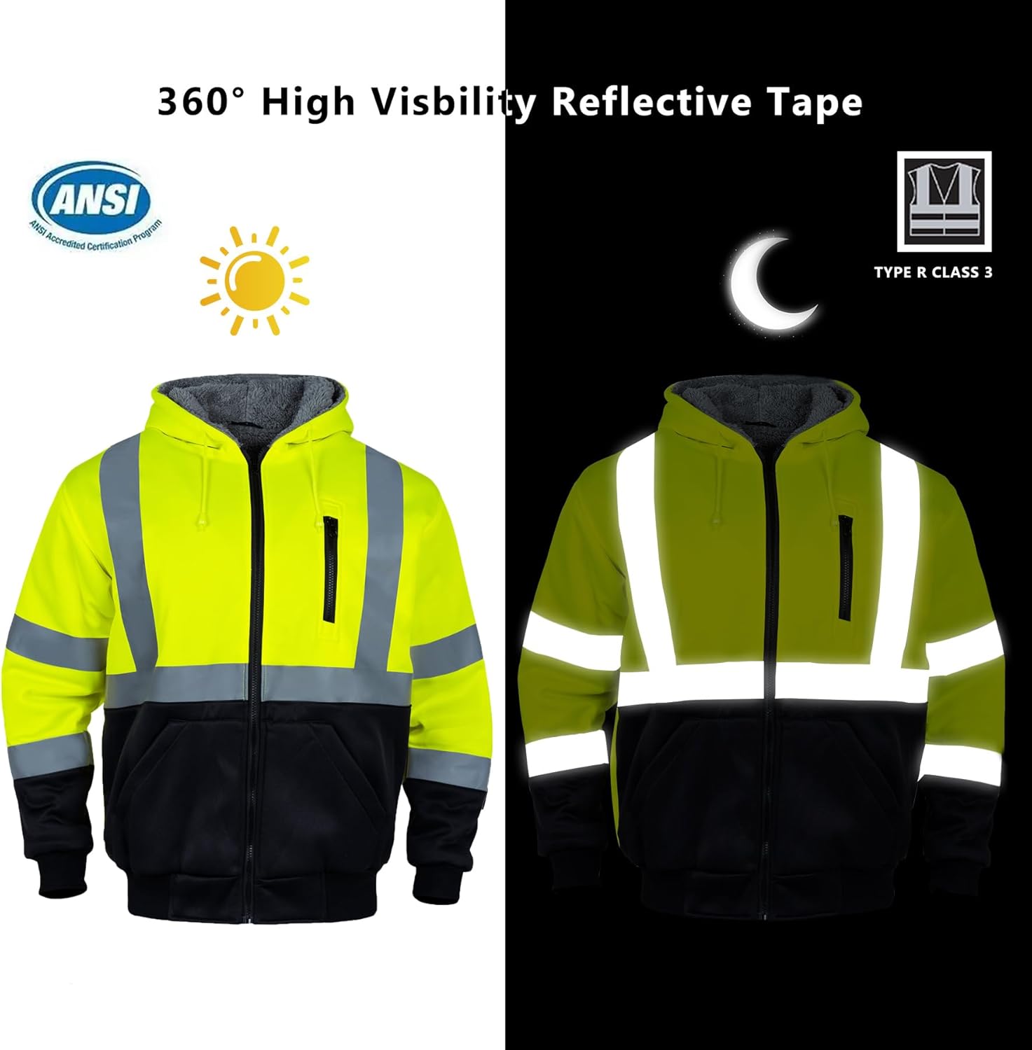 FONIRRA Men‘s Hi Vis Hoodie Reflective ANSI Class 3 Wool Fleece Safety Sweatshirts High Visibility Zipper Jacket - Image 6