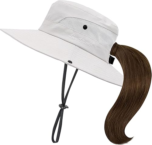 Sombrero clásico de cola de caballo para mujer, diseño de moño de malla, con agujeros para cola de caballo, sombrero de cubo con protección UV,