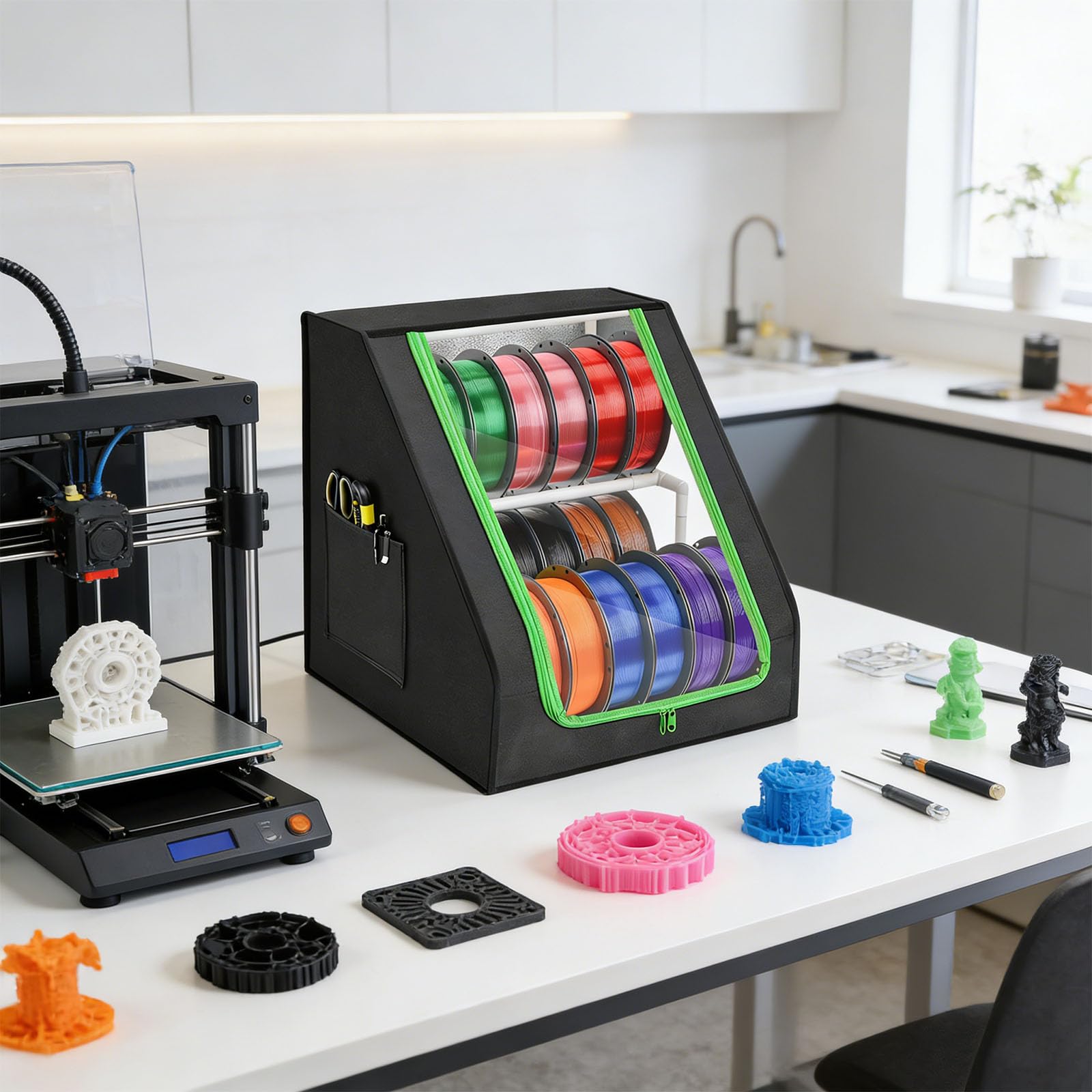 Amplio contenedor de suministros de impresión 3D con capacidad para 21 rollos, dos divisiones, robusto y eficiente soporte de carrete de filamento de tela Oxford
