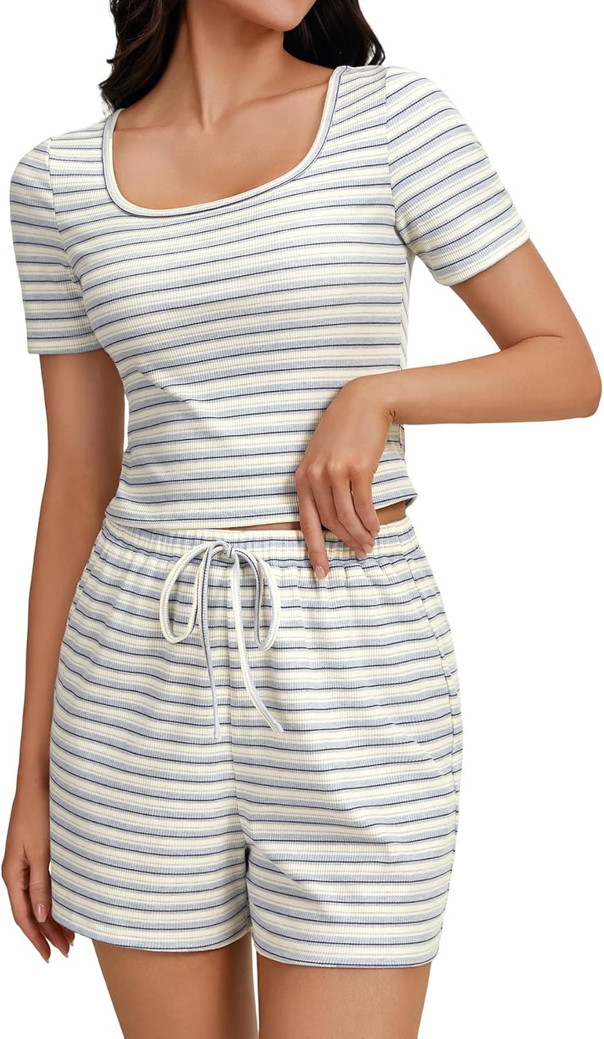 LYANER Women's 2 Pcs Pajama Sets Striped Short Sleeved T Shirt And Stylish Shorts - Image 3