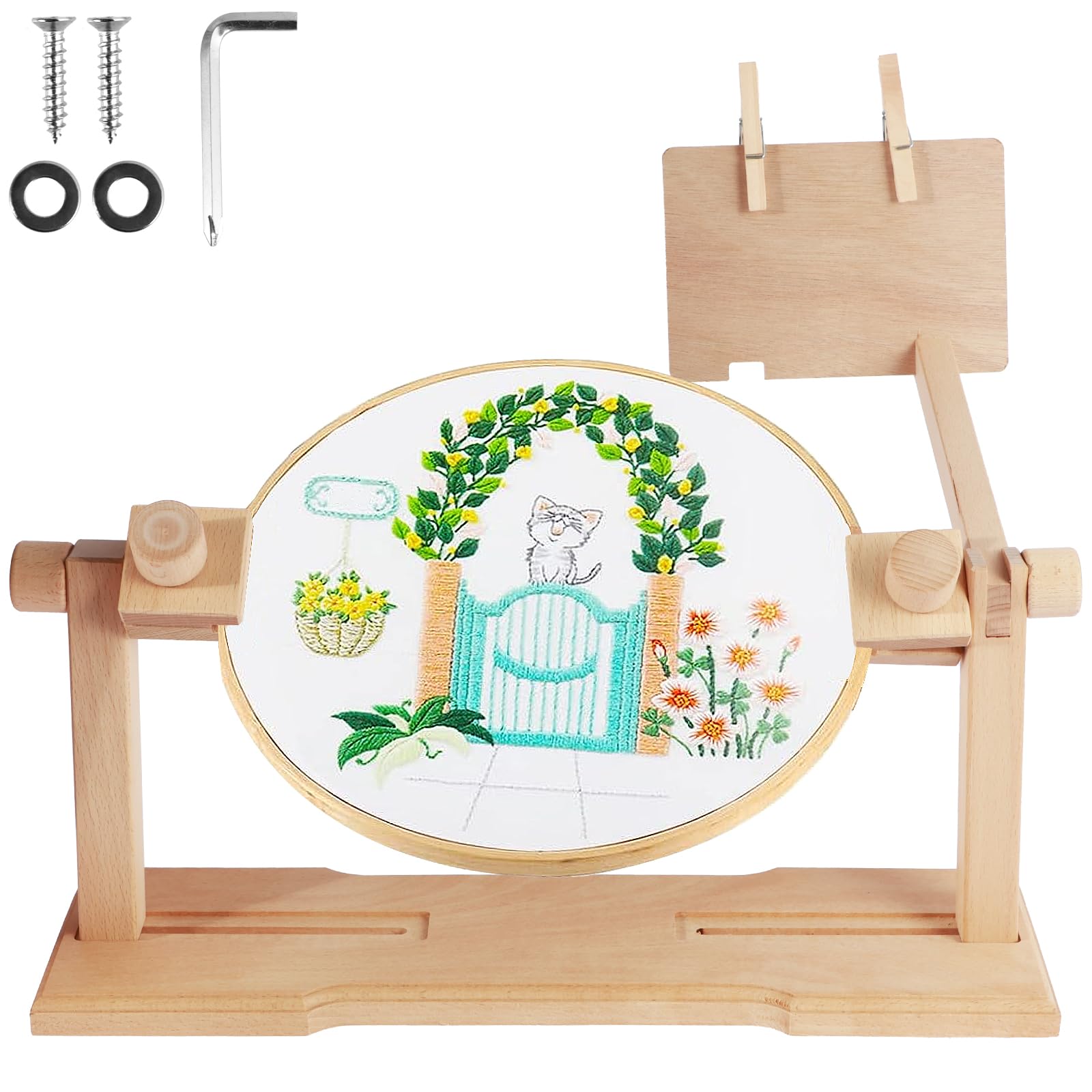 Embroidery Hoop Stand, Adjustable Embroidery Hoop Frame Holder, 360° Rotation Cross Stitch Lap Stand, Hands-Free Beech Wood Cross Stitch Frame for Crafts