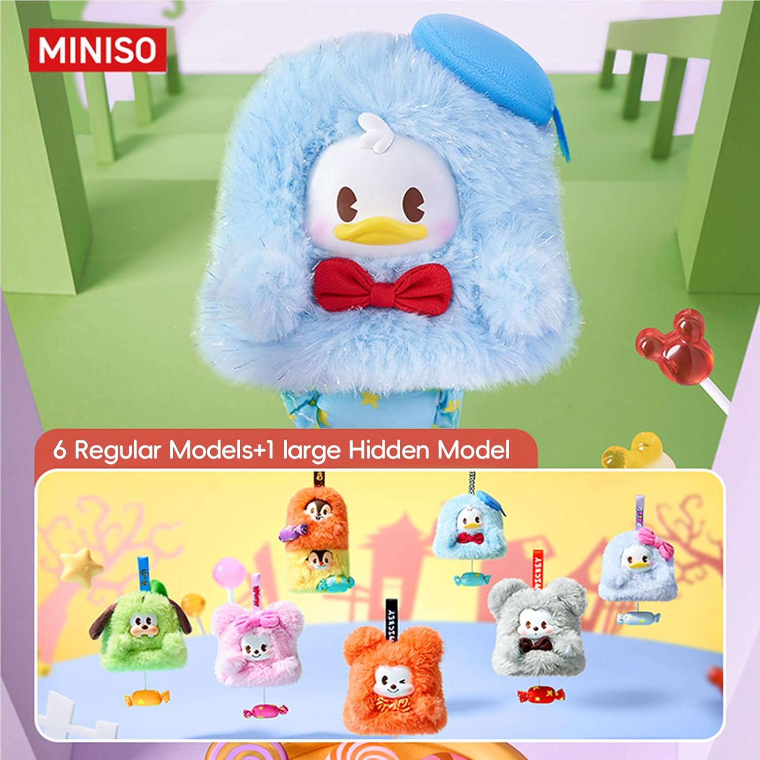 MINISO Disney Mickey Mouse Family Candy Series Keychain Blind Box Plush- Bag Charm Collectible, Holiday Birthday Surprise Gift for Friends and Family, Single Box