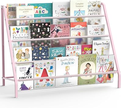 HAVEDAWN High-Transparent 4 Tier Kids Bookshelf, Sturdy Metal Large Size Book Rack Storage for Kid - Toddler Book Shelf Display for Nurasery, Playroom or Kids Room, Bookshelf Hold More Books - Pink