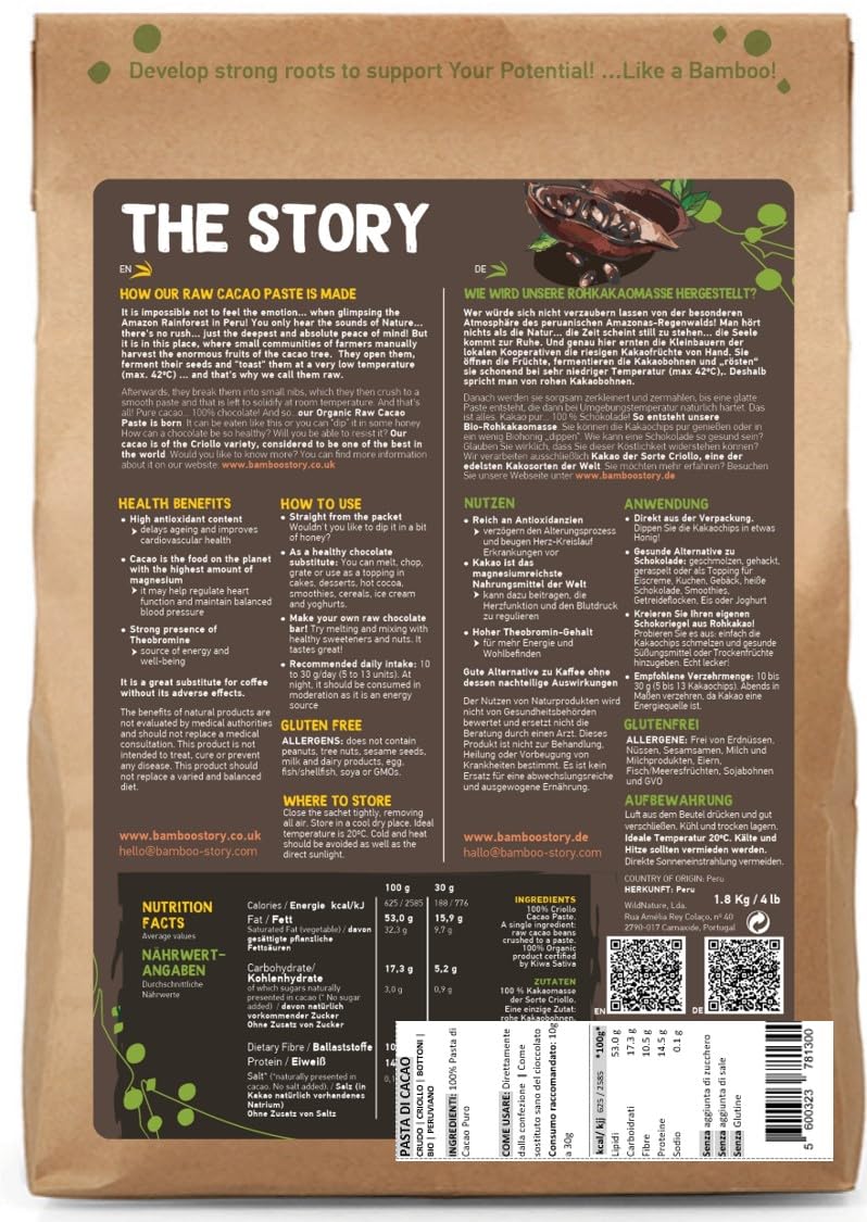 Crudo | BAMBOO STORY | Pasta di Cacao in Bottoni | Criollo | Biologico/BIO | 100% Cacao | Senza zuccheri aggiunti | 1,8 kg | Origine 100% Perù