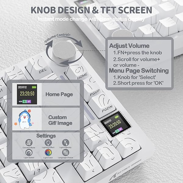 YINDIAO ATTACK SHARK X820 Ultra Teclado Mecánico Gasket con Pantalla TFT y Perilla, Diseño ANSI 75%, 2,4 GHz/BT/Cableado, 5 Espumas Insonorizantes, Hot Swap, para PC,MAC (Blanco, Interruptor Regalo) - 3