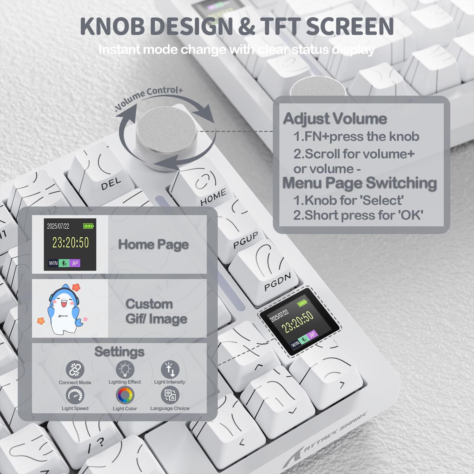 YINDIAO ATTACK SHARK X820 Ultra Gasket Mechanical Keyboard with TFT Screen & Knob, 75% ANSI Layout, 2.4Ghz/BT/Wired, 5 Sound Absorbing Foams, Hot-Swap Linear Switch, for PC,MAC (White, Gift Switch)
