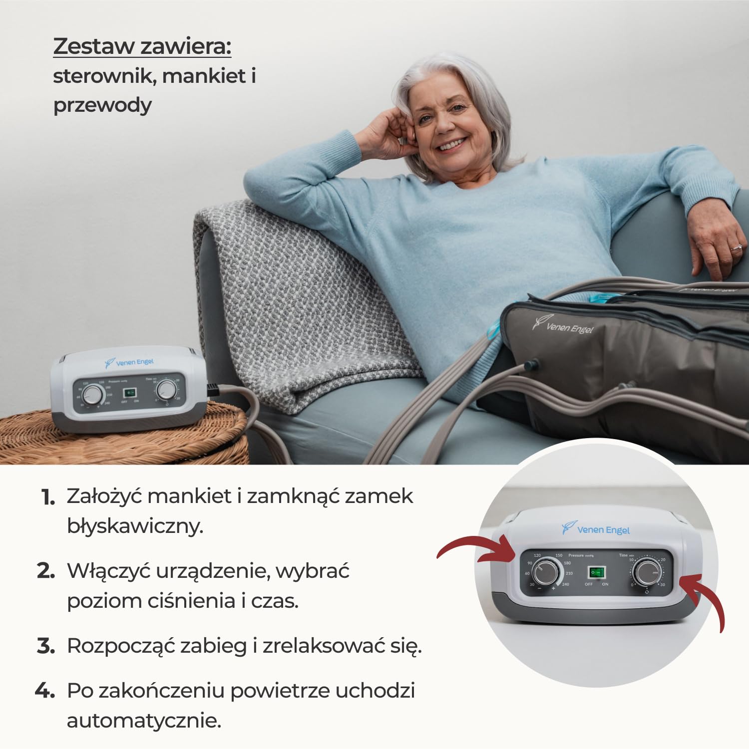 Venen Engel 4 podstawowe mankiety na nogi, 4 komory powietrzne, 1 program do masażu w celu zmniejszenia cellulitu, urządzenie do masażu nóg, wspomaga krążenie krwi