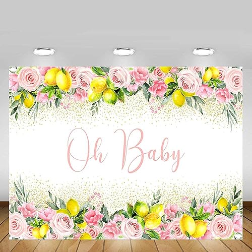 Miniatura 2 de MEHOFOND Telón de fondo de baby shower de limón de 7 x 5 pies para niña Oh Baby rosa floral dorado con purpurina de confeti de fondo para