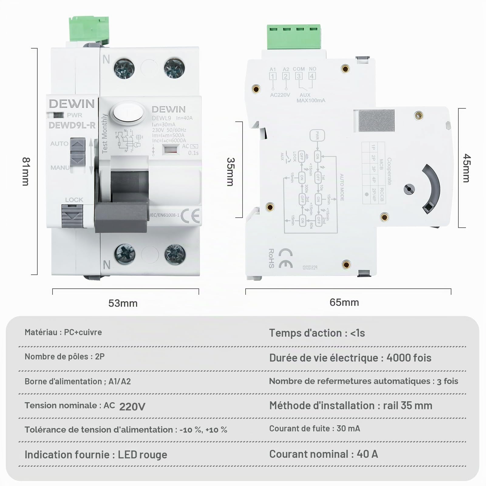 DEWIN Disjoncteur Différentiel, GRD9L-R RCCB Dispositif de Réenclenchement Automatique Disjoncteurs électriques Disjoncteur intelligent Type AC 2P 40A 30mA