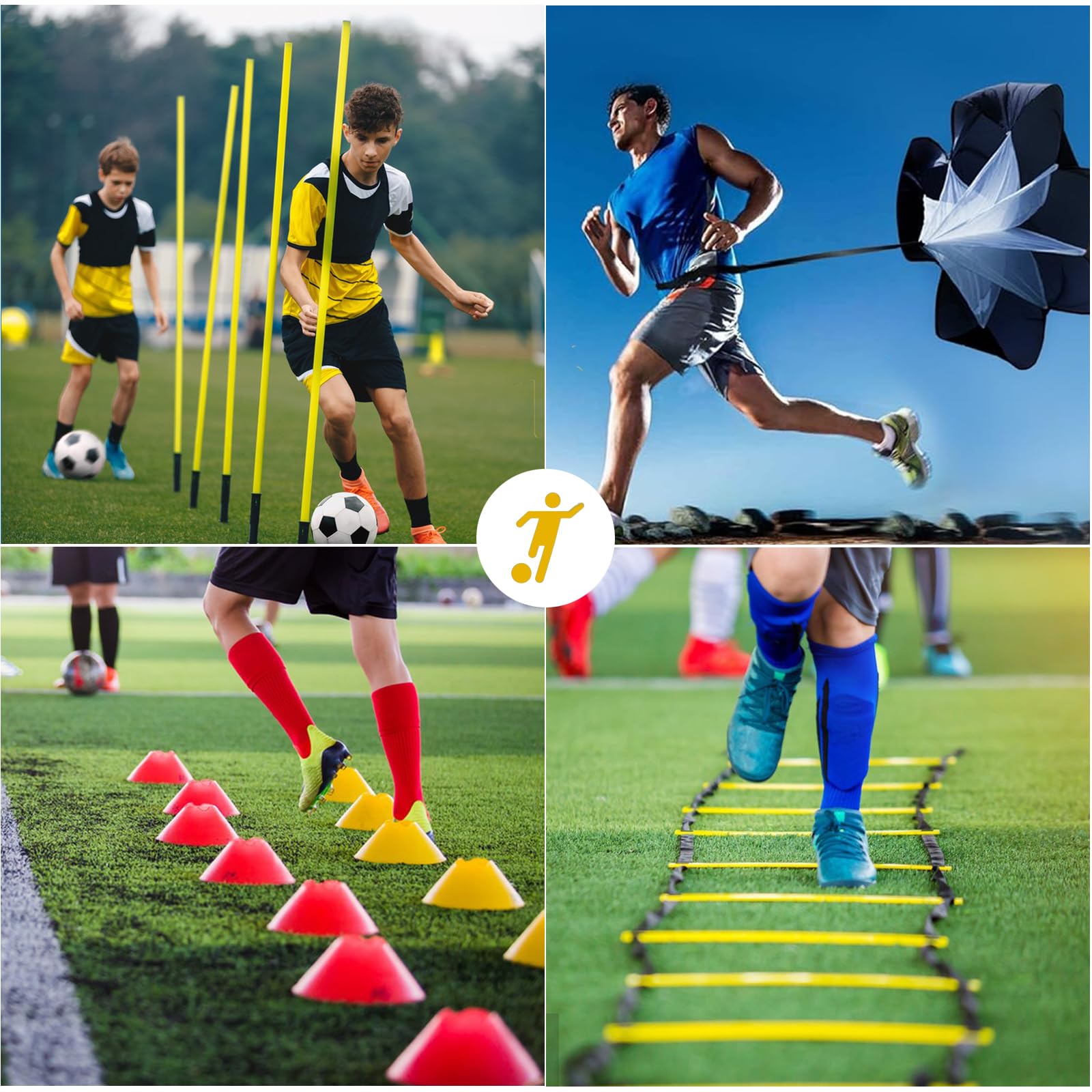 Vztipki Equipo de entrenamiento de velocidad y agilidad: escalera de agilidad de 20 pies, 6 postes, 12 conos de fútbol, paracaídas de resistencia, cuerda de saltar, juego de entrenamiento deportivo