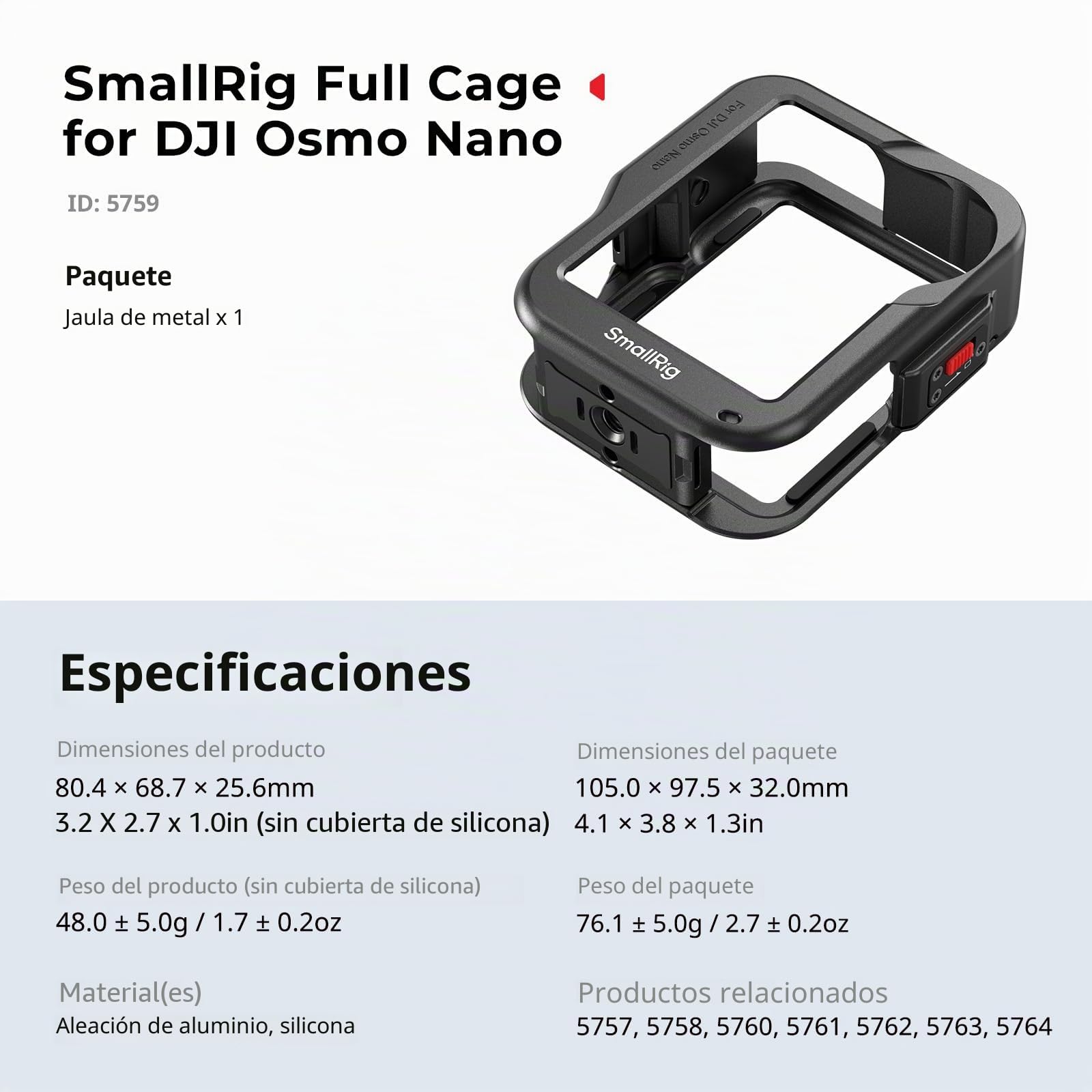 SMALLRIG Jaula para DJI Osmo Nano, Estuche de Aluminio Protector con Zapata Fría y Roscas 1/4"-20 - 5759